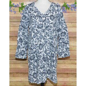 Lands End Tunic Dress Cover Up Womens M Shift Cotton Tropical Floral Navy White